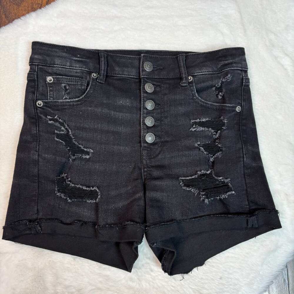 American Eagle Denim Shorts 4 Super High-Rise Shortie‎ Black Ripped Cuffed